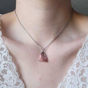 Pink fairy natural irregular stone necklace with a small silver chain